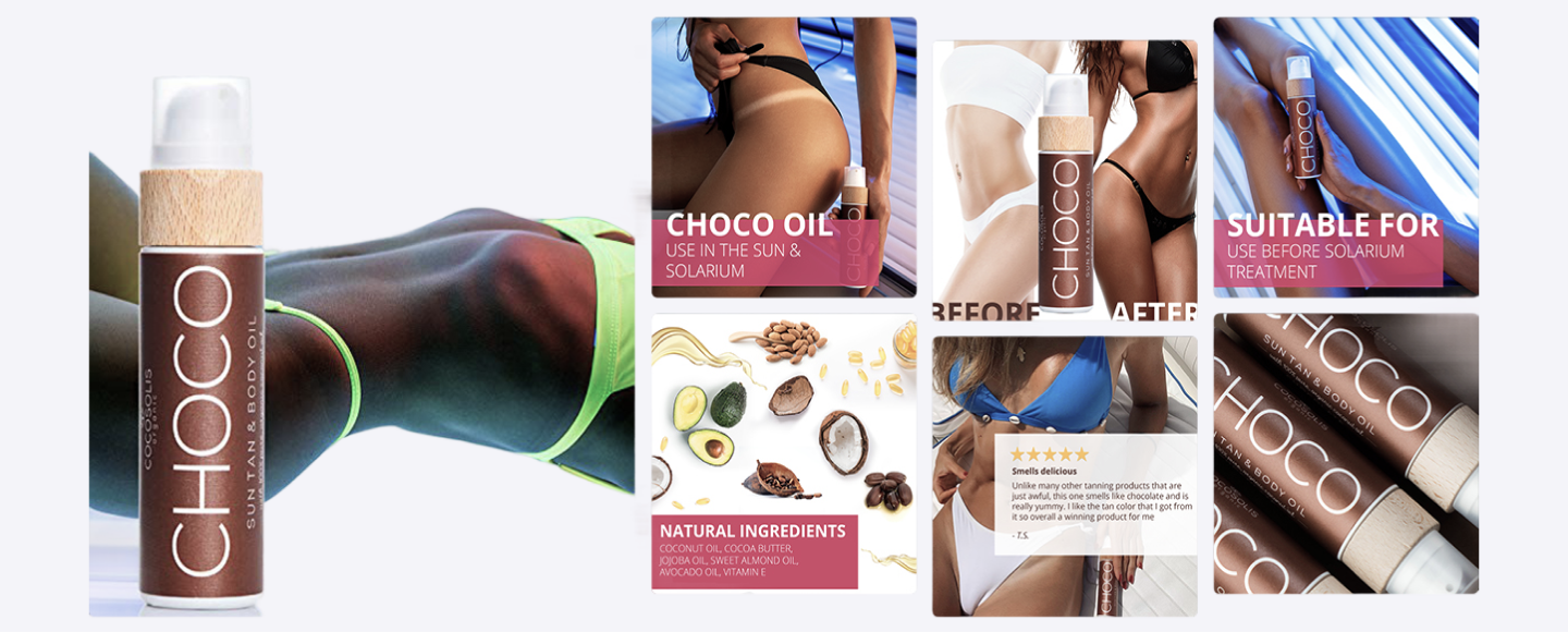 COCOSOLIS Choco tanning oil product and lifestyle images before optimization — inconsistent style, unclear benefits, and unoptimized presentation on Amazon.